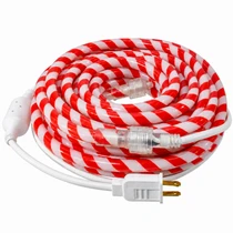 6-foot red and white candy cane LED rope light coiled with white power cord and plug