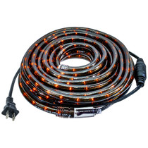 Halloween Orange LED rope light coiled with black power cord, plug and inline connector