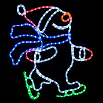 LED rope light sign of a snowman skating with a scarf, hat, and gloves lit up
