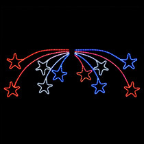 Red, white, and blue shooting stars on a black background