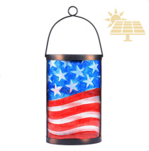 Patriotic USA American Flag Glass Solar LED Lantern With Dusk-To-Dawn Sensor