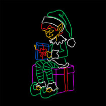 Neon strip light elf sitting on presents lit up
