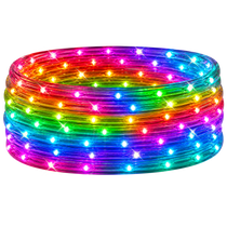 Coiled RGB LED rope lights arranged in a circular stack, featuring small evenly spaced bulbs glowing in a full spectrum of colors—red, orange, yellow, green, blue, and purple—against a plain white background.