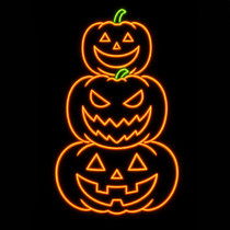A bright neon jack‑o’‑lantern sign glowing against a black background, with orange tubing outlining the pumpkin’s shape, triangular eyes, and a wide curved smile. A small green neon stem sits at the top, creating a vivid Halloween‑themed display.