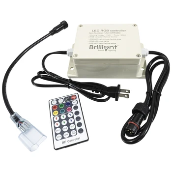 White RGB LED light controller kit with RF remote control, power adapter cord, and waterproof connector cables displayed on a white background. The remote features color selection buttons and lighting effect controls for adjusting RGB LED strip lighting.