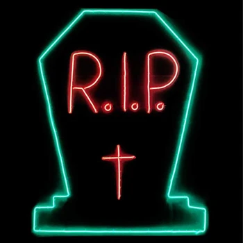 LED Neon Strip Light RIP Tombstone With Cross Halloween Decoration - Lighted Sign - Red & Green - 48 Inch