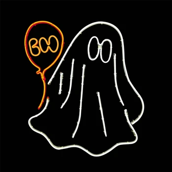 LED Neon Strip Light Ghost with BOO Balloon - Lighted Sign - Cool White & Orange - 26 Inch