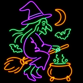 Colorful LED neon witch Halloween decoration featuring a purple witch, green accents, orange broom and cauldron, crescent moon, and bats on a black background.