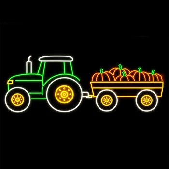 LED Neon Strip Tractor Pulling Farm Wagon with Pumpkins - Lighted Sign - Orange, Yellow, Purple, Cool White & Green - 76 Inch