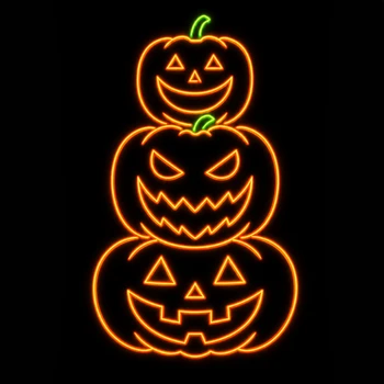 A bright neon jack‑o’‑lantern sign glowing against a black background, with orange tubing outlining the pumpkin’s shape, triangular eyes, and a wide curved smile. A small green neon stem sits at the top, creating a vivid Halloween‑themed display.