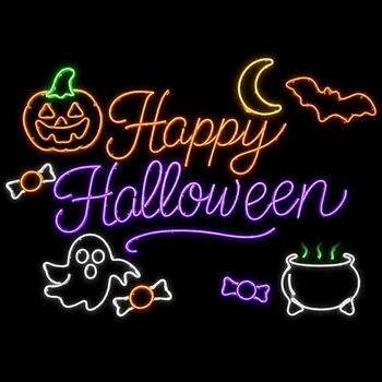 LED Neon Strip Light Happy Halloween Sign Animation with Steaming Cauldron