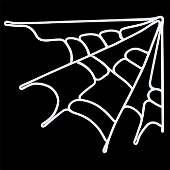 White LED rope light spider web decoration lit up on a black background