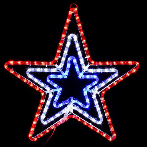 LED Rope Light Patriotic Triple Star Motif - Lighted Silhouette - Red, Cool White, and Blue - 20 Inch