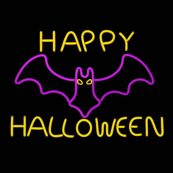 LED Neon Rope Light Happy Halloween with Flying Bat Motif - Lighted Silhouette - Pink and Yellow - 32 Inch