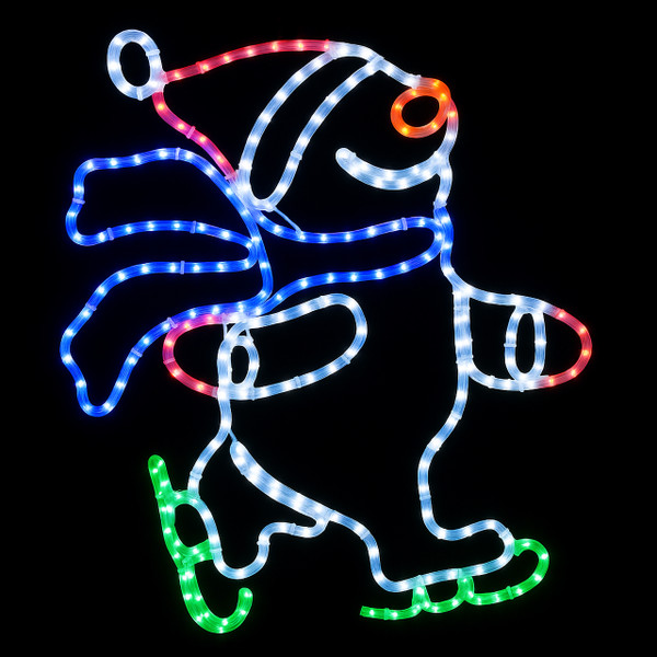 LED rope light sign of a snowman skating with a scarf, hat, and gloves lit up LED rope light sign of a snowman skating with a scarf, hat, and gloves lit up