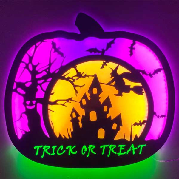 LED Halloween Trick or Treat Pumpkin - Acrylic Edge Lit Shadow Box Sign - Multi-Color