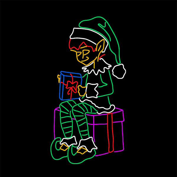 Neon strip light elf sitting on presents lit up Neon strip light elf sitting on presents lit up