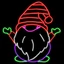 A colorful LED neon gnome yard decoration featuring an orange striped hat, white beard, pink nose, green mittens and boots, and a purple body. The 3-foot-tall holiday decoration is mounted on a black metal frame with a power cord extending from the base, making it ideal for outdoor displays. Black background
