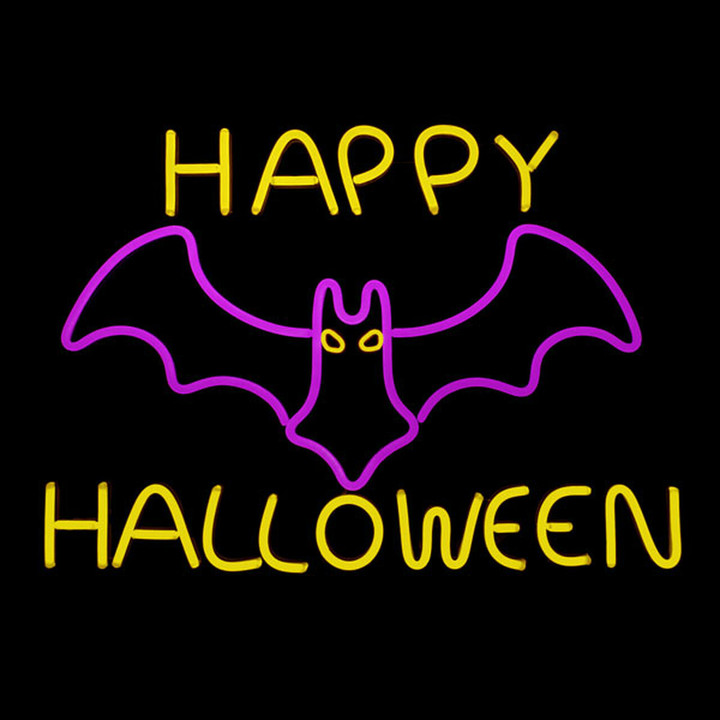 LED Neon Strip Light Happy Halloween with Flying Bat Decoration - Lighted Sign - Pink and Yellow - 32 Inch