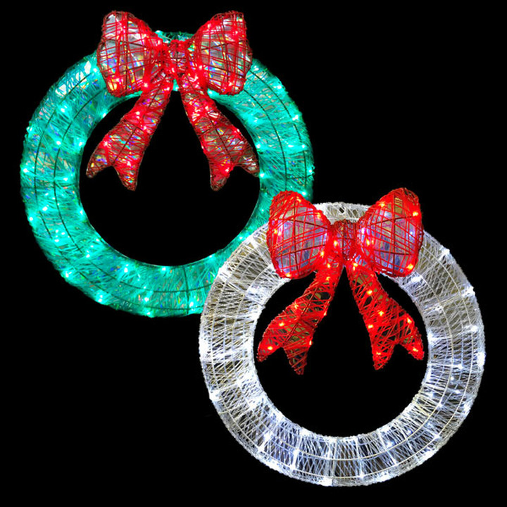 3D Pre-Lit LED Twinkling Christmas Wreath with Bow - Lighted Holiday Display- Green or White -24 Inch