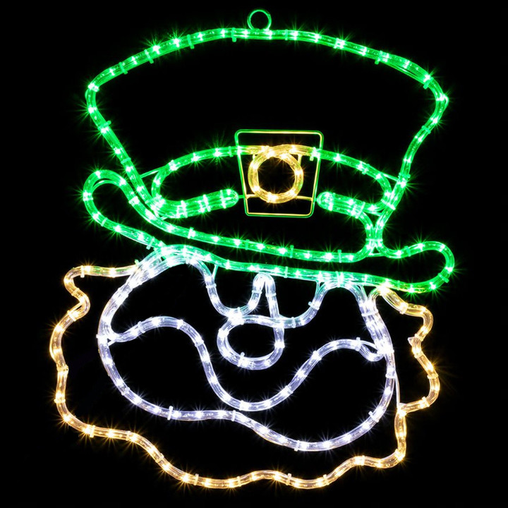 leprechaun with green hat, yellow beard, white face
