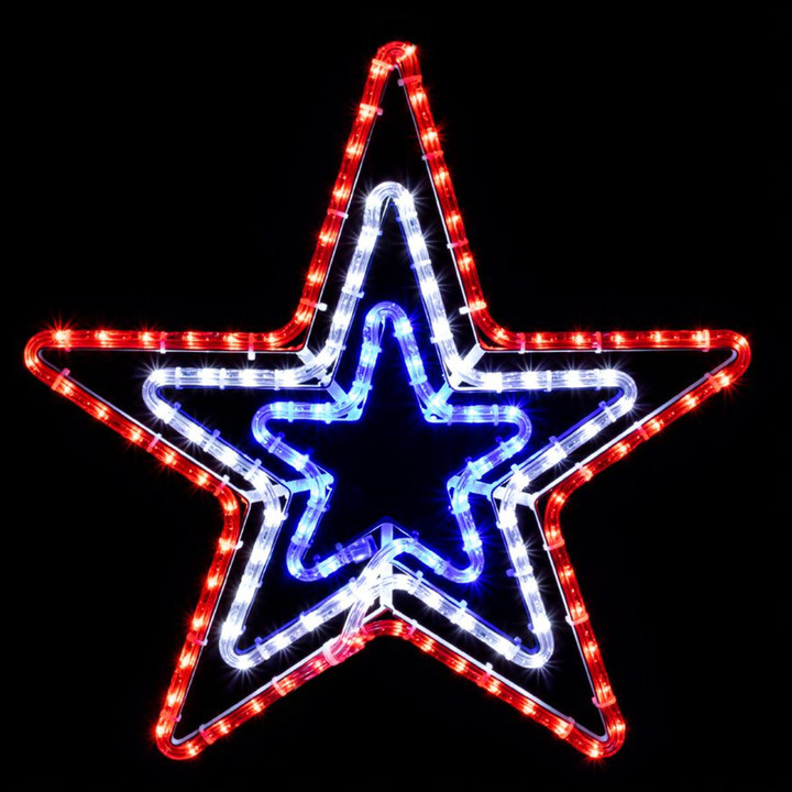 LED Rope Light Patriotic Triple Star Decoration - Lighted Sign - Red, Cool White, and Blue - 20 Inch