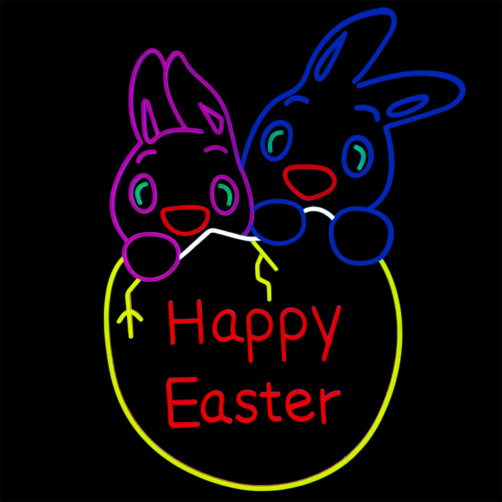 Happy Easter written in an egg with two baby bunnies peeking out