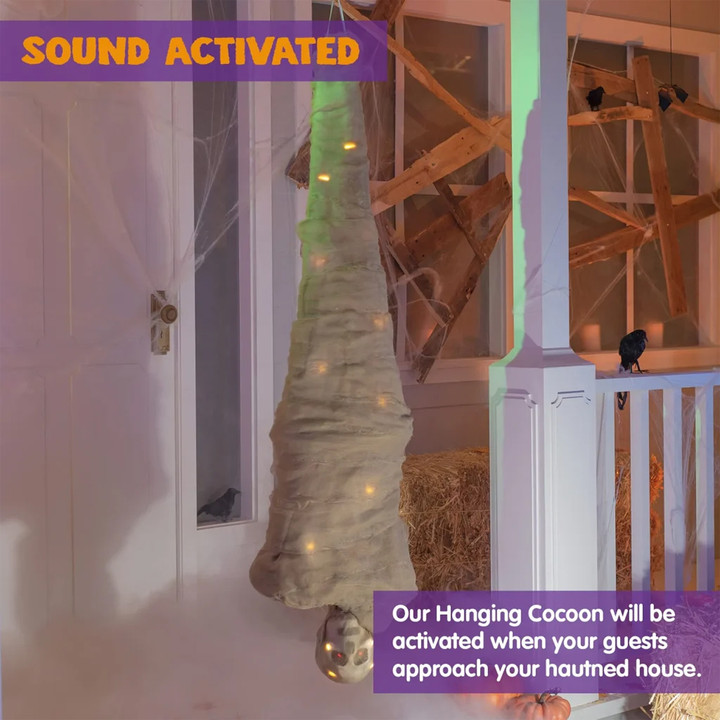 3D Animated Talking Hanging Halloween Cocoon Corpse Decoration - Battery Powered - Yellow and Red - 65 Inch