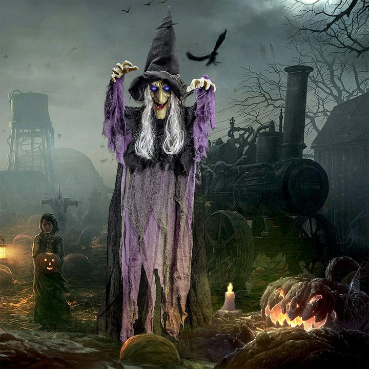 3D Animated Talking Hanging Halloween Witch Decoration - Battery Powered - Black and Purple - 72 Inch