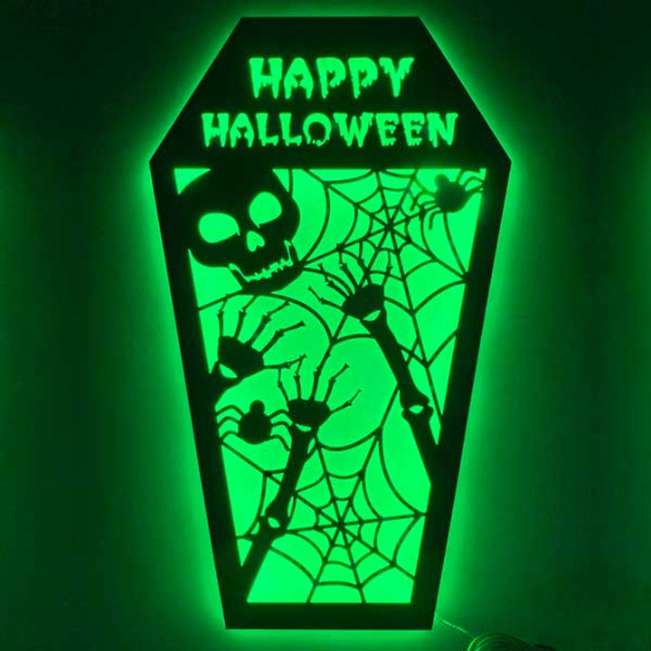LED Happy Halloween Spider Web & Skull Coffin Decoration - Acrylic Edge Lit Shadow Box Sign - Green