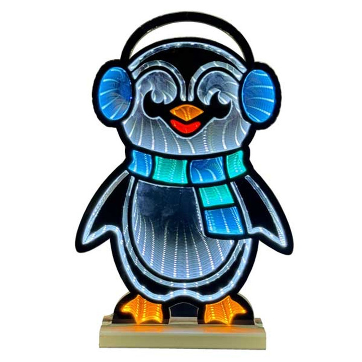 LED Infinity Mirror Strip Light 3D Penguin Christmas Decoration - Lighted Sign - 15 Inch Display - Multi Colored