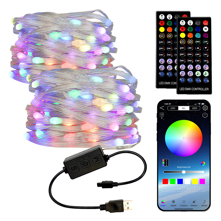 Smart Addressable RGBIC LED Dream Color Fairy Lights with Deluxe Remote - 5 Volt USB - Bluetooth - Music Sync - Independent Pixel Control - 2 Pack - 66 Feet Total
