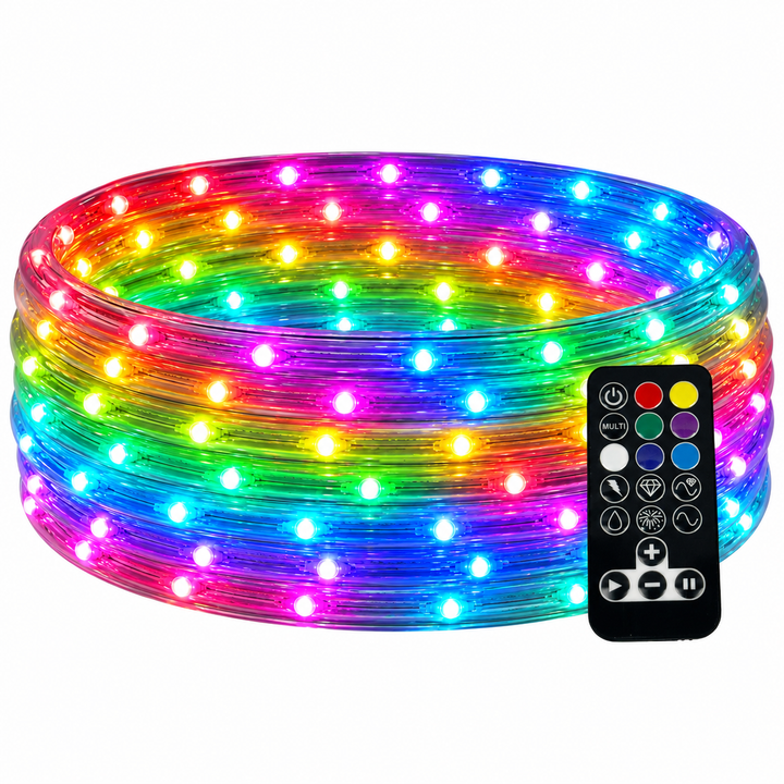 120 Volt LED RGB Rope Lights coiled up spool with remote controller in the foreground