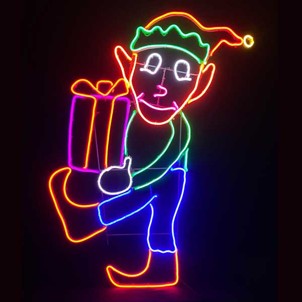 LED Neon Strip Light Christmas Elf with Gift Decoration - Lighted Sign - 36 Inch Display