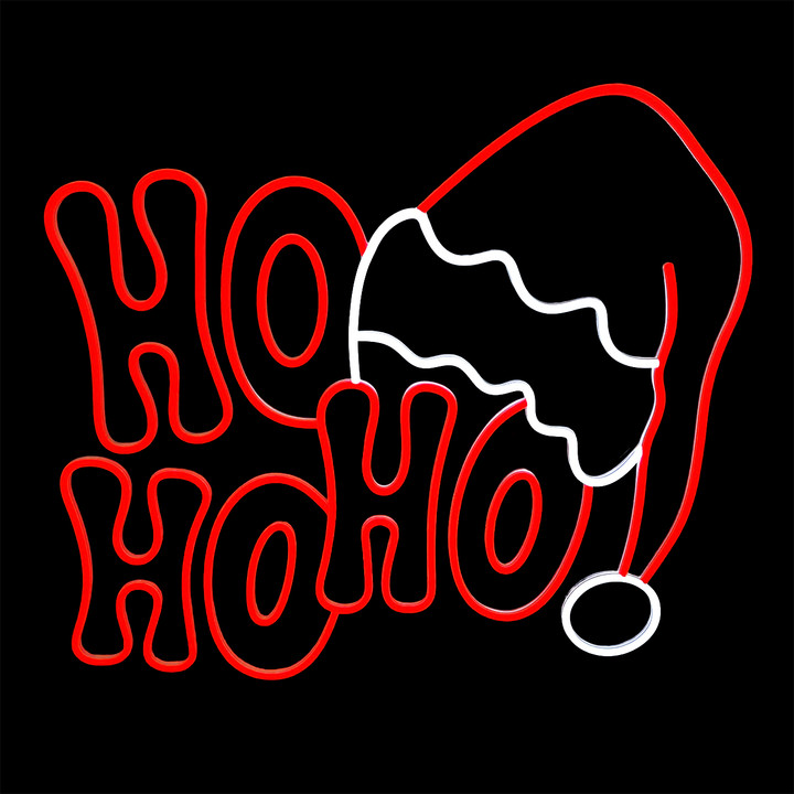 Ho, ho, ho and Santa's hat LED neon strip light sign backed on plexiglass