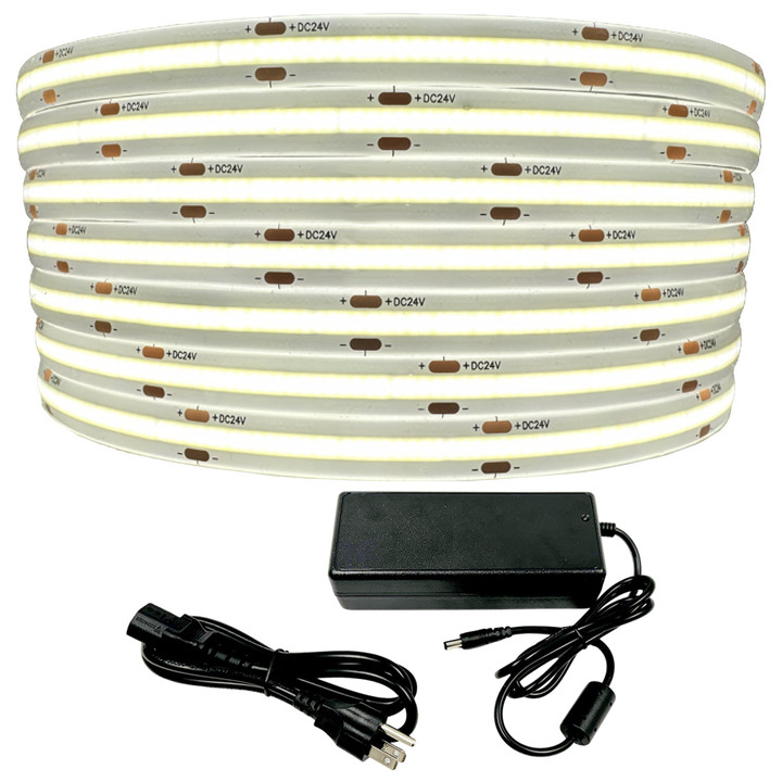 Warm White LED Strip Light - 24 Volt - High Output FCOB - Outdoor Use (IP65) - 16.4 Foot Bundle