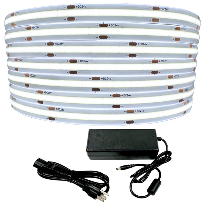 Cool White LED Strip Light - 24 Volt - High Output FCOB - Outdoor Use (IP65) - 16.4 Foot Bundle