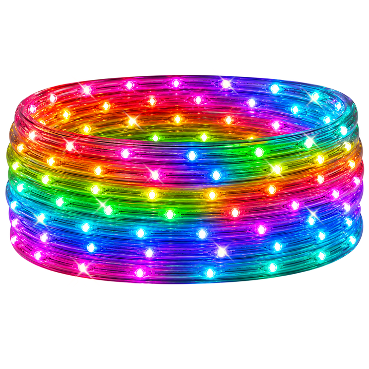 Coiled RGB LED rope lights arranged in a circular stack, featuring small evenly spaced bulbs glowing in a full spectrum of colors—red, orange, yellow, green, blue, and purple—against a plain white background.