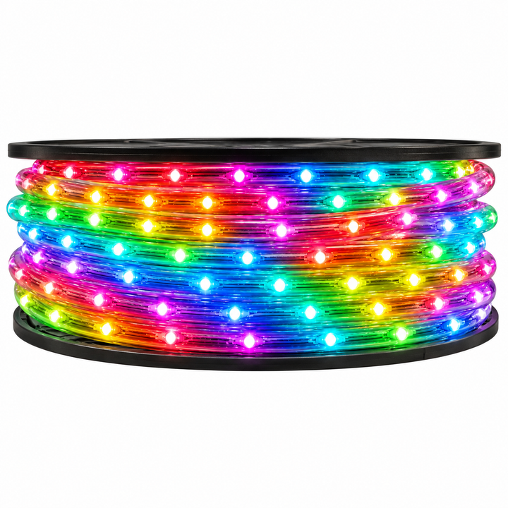 120V LED RGB Chasing Rope Lights wrapped around a spool showing multiple different colors.
