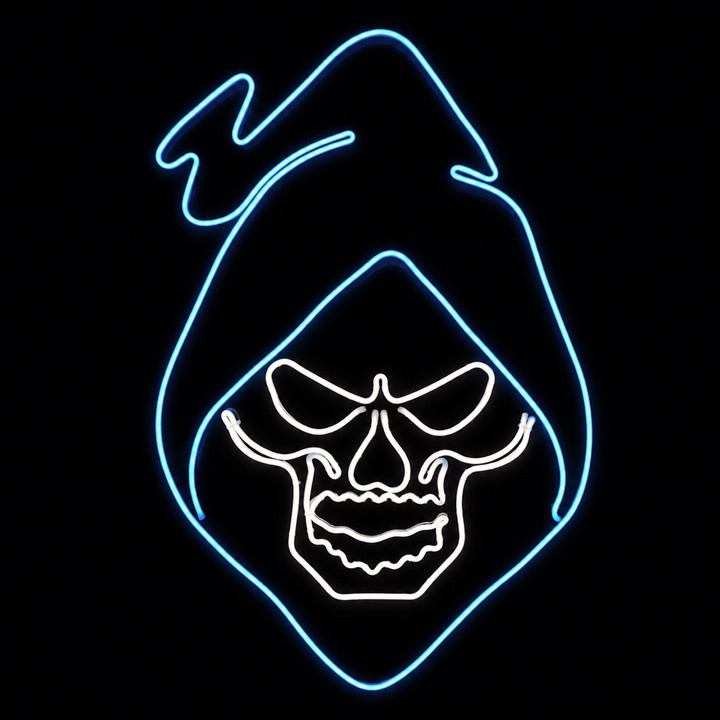 Neon Strip light LED sign depicting a hooded skull outlined in bright green and white neon strip light against a black background, creating a glowing, eerie effect