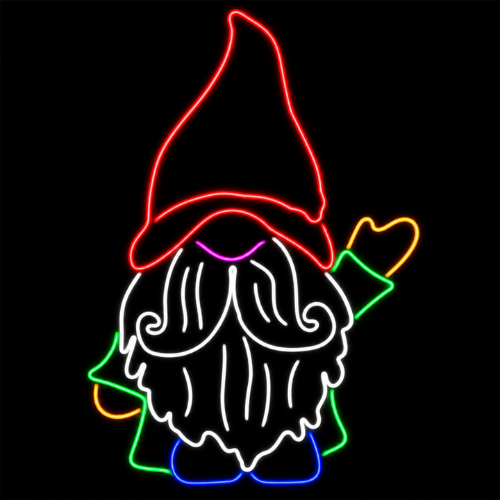 LED Neon Strip Light Sign - Waving gnome with green coat and red hat.