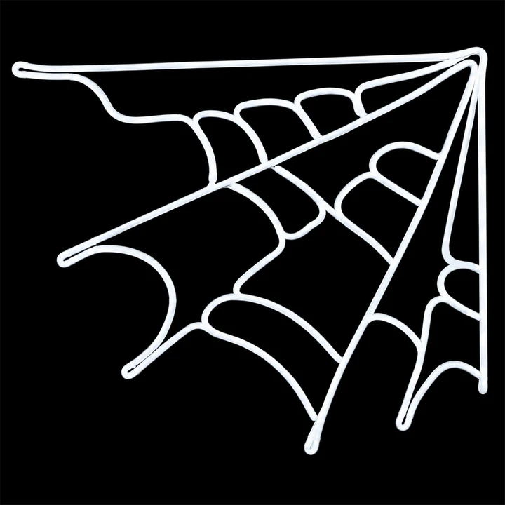White LED rope light spider web decoration lit up on a black background