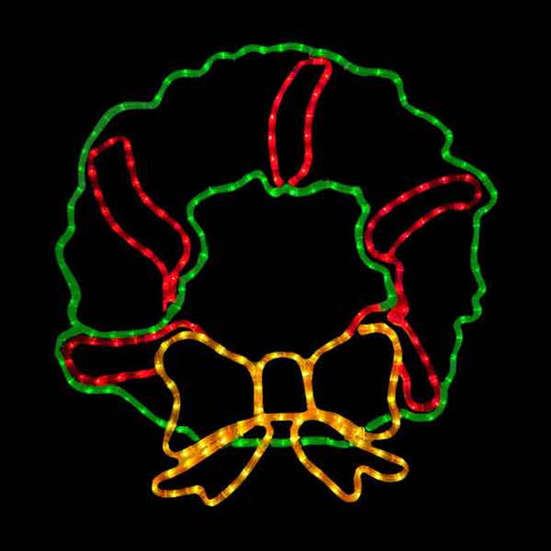 LED Rope Light Holiday Wreath Motif - Lighted Silhouette - Green, Yellow, and Red - 25 Inch