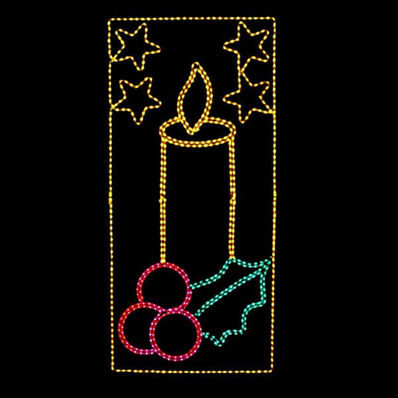LED Rope Light Candle with Stars and Holly Motif - Lighted Silhouette - Yellow, Red, and Green - 72 Inch