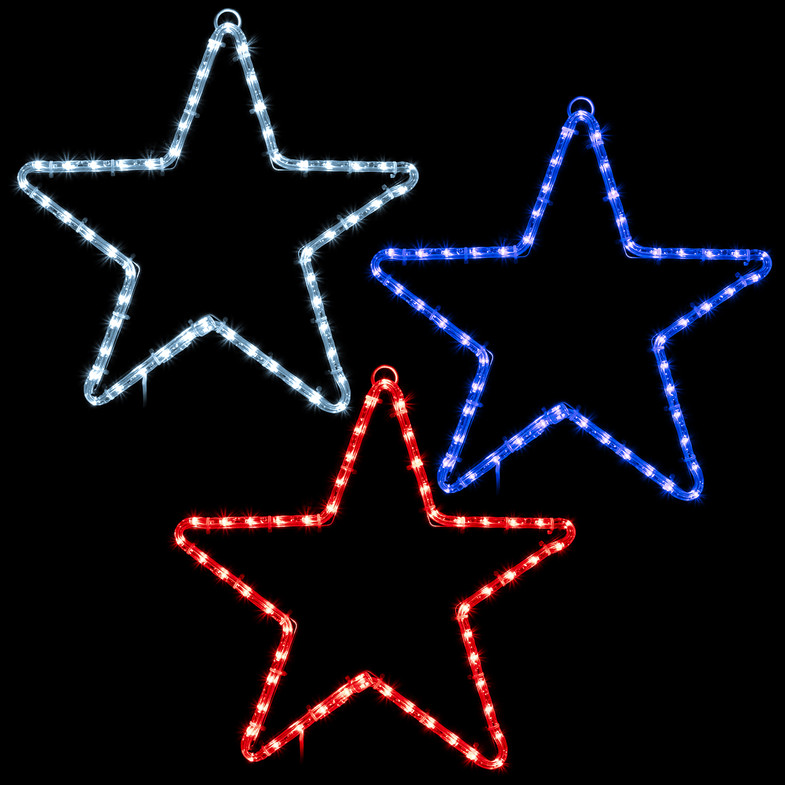 LED Rope Light Patriotic Star Motif - 3 Pack - Lighted Silhouette - Red, Cool White, and Blue - 16 Inch