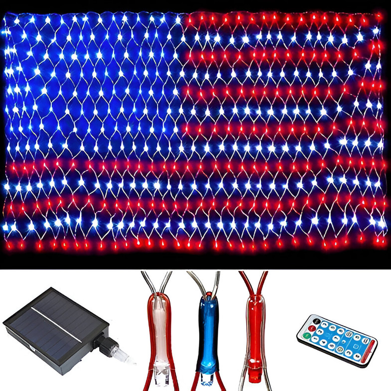 Solar Powered American Flag LED Net Light Set - 390 LEDs - 6.5 Foot x 3.3 Foot