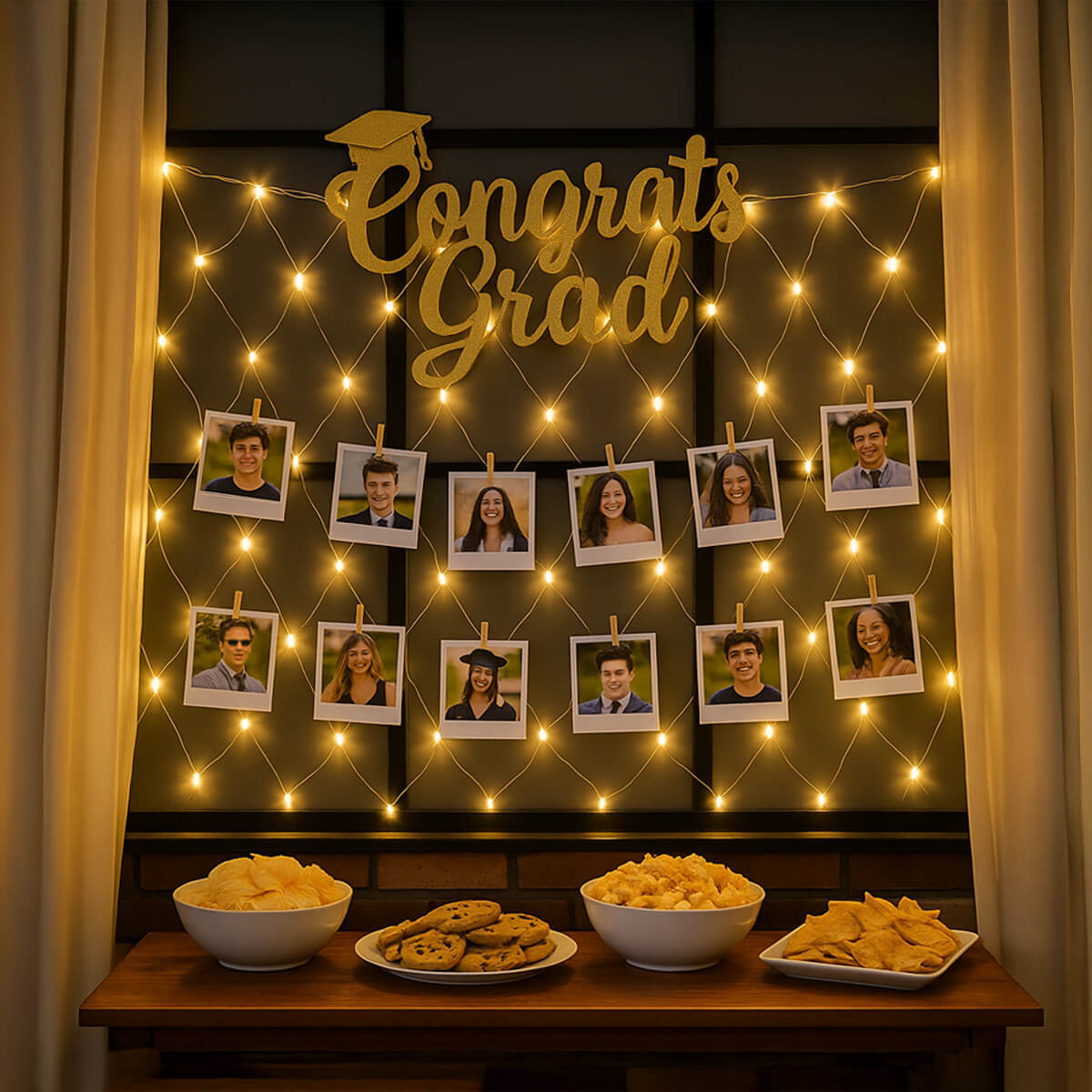 Net lights hung in front of a curtain with a selection of graduation pictures attached with a wooden clothes peg. The lights are switched on and glow with a warm light.