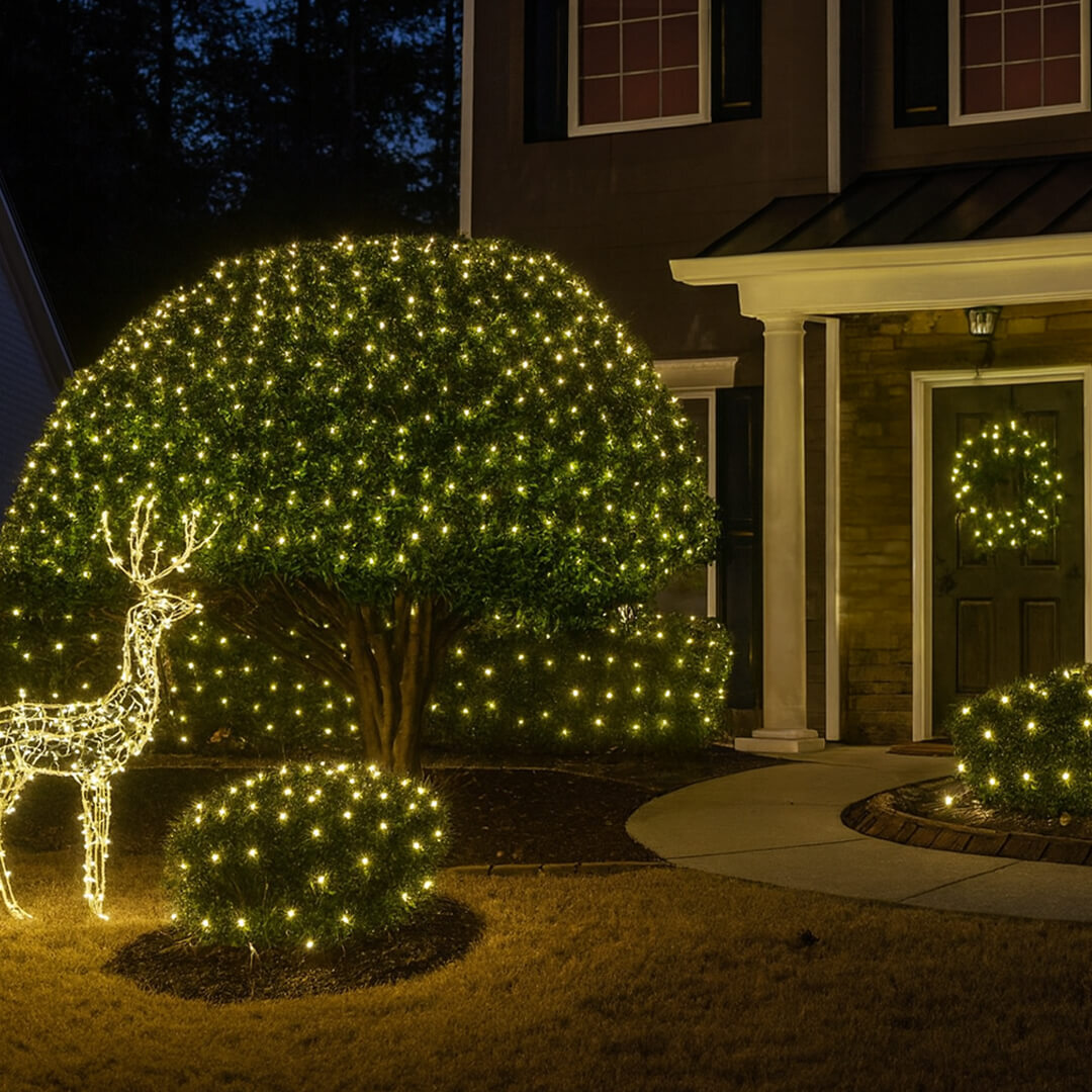 House with layered LED Christmas lights and net lights in bushes