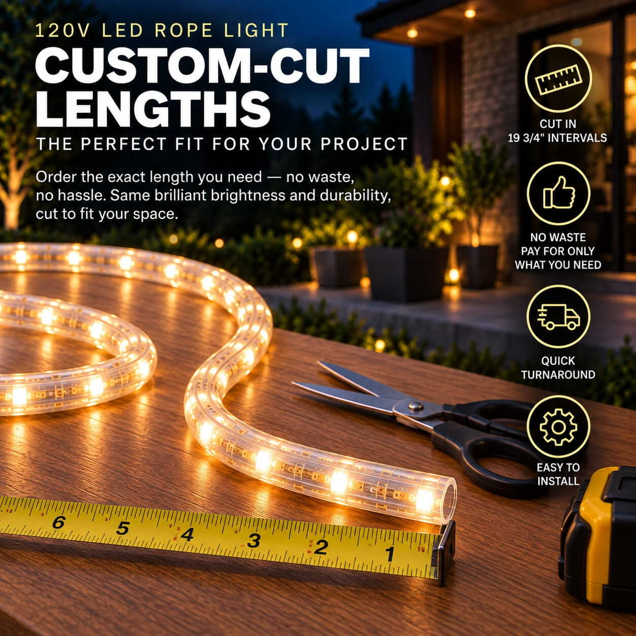 Get the perfect length of 120V LED Rope Lights for your project with custom cuts.
