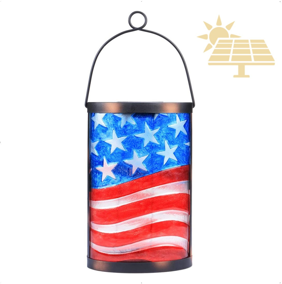 Solar Powered Patriotic LED Glass Lantern - American Flag Dusk To
